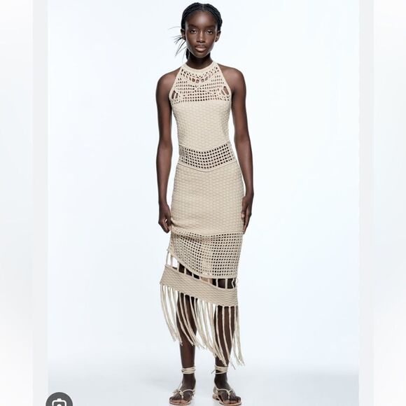 Zara crochet Fringe Midi Dress NWT BLOGGER FAVE - Picture 2 of 5